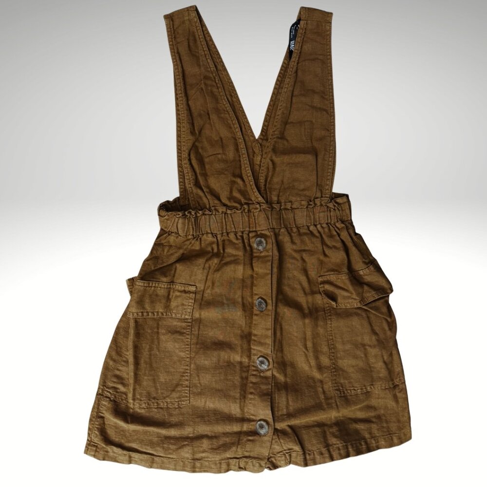 Zara Brown Linen Jumper Dress – Deep V Button Front w/ Pockets (XS)